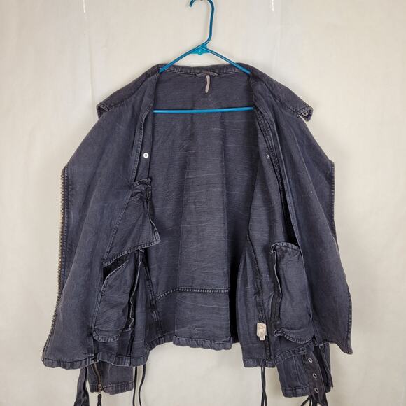 Free People black denim moto jacket Size Large Retro Biker Indie Grunge - Picture 8 of 13